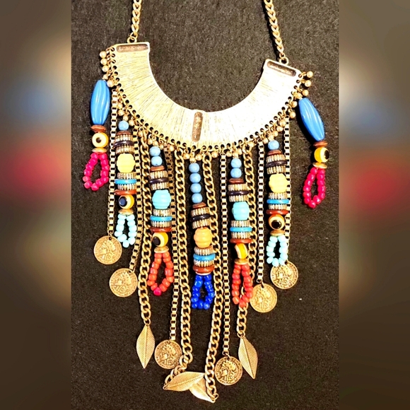 Aldo Statement Necklace Ethnic Beaded Dangles Gold Tone Curb Chain Bib 26" - Picture 5 of 5